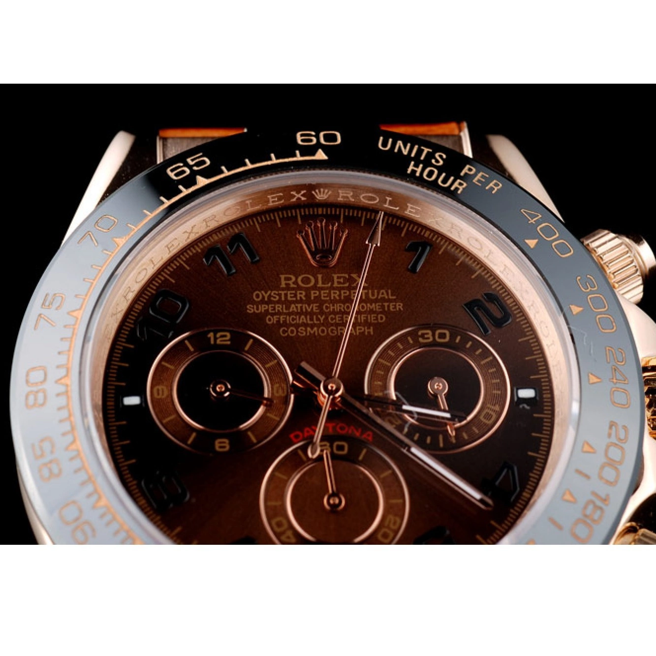 Aaa fake watches Brown Strap Rolex Gold Daytona Leather Rose Brown Dial Case 0820